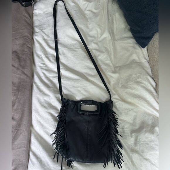 Maje Black Leather Shoulder Bag with Fringe - Picture 2 of 3